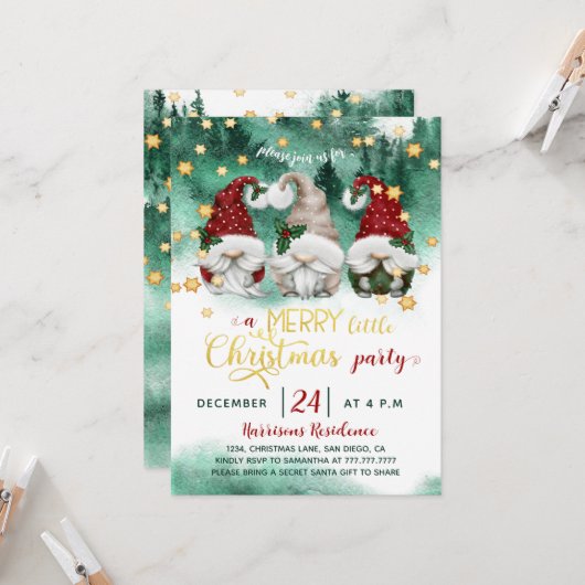 Invitation Fête de Noël Forêt de Gnome Fantaisiste Evergreen (Devant/Arrière en situation)