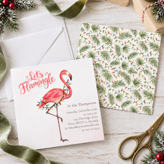 Invitation Fête de Noël Fun Watercolor Flamant Rose