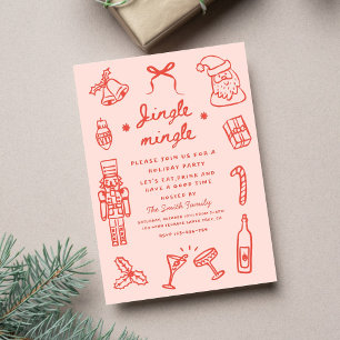 Invitation Fête de Noël Funky Dessinée à la Main Rose Rouge