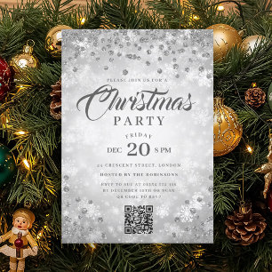 Invitation Fête de Noël Glitter Diamants d'Hiver QR Argent