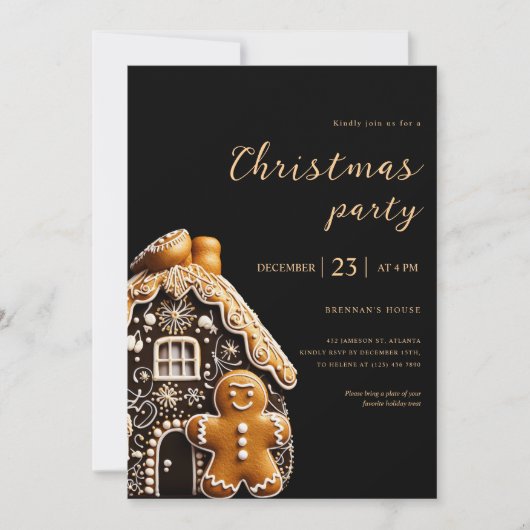 Invitation Fête de Noël Gold Black Gingbread Fête (Devant)