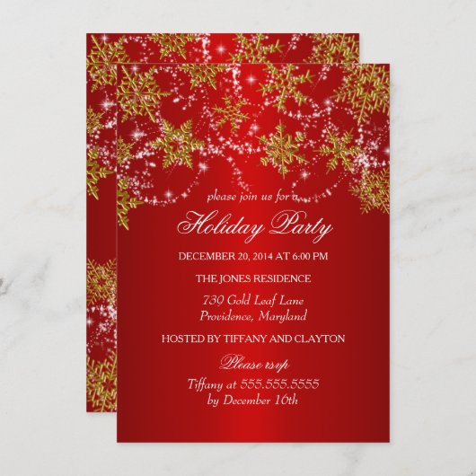 Invitation Fête de Noël Gold & Red Snowflake (Devant / Derrière)