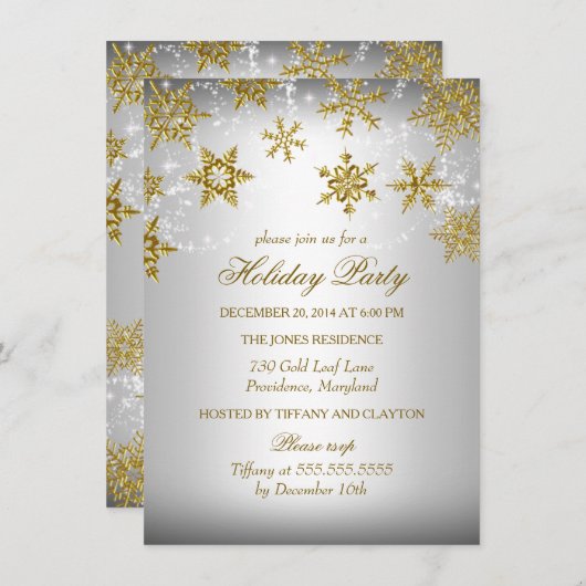 Invitation Fête de Noël Gold & Silver Snowflake (Devant / Derrière)
