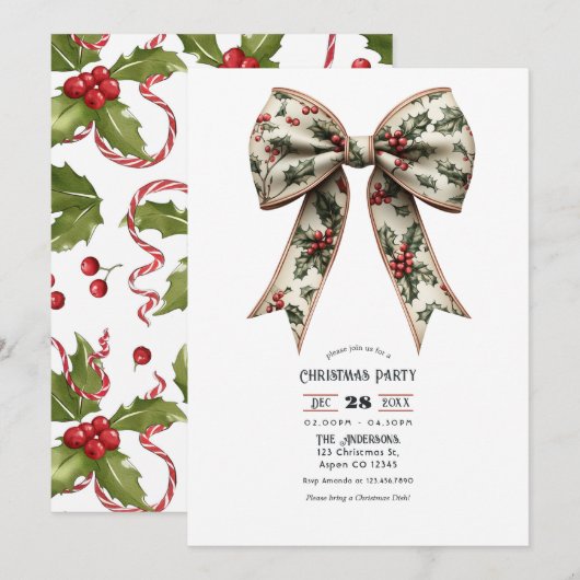 Invitation Fête de Noël Holly Bow Holiday (Devant / Derrière)