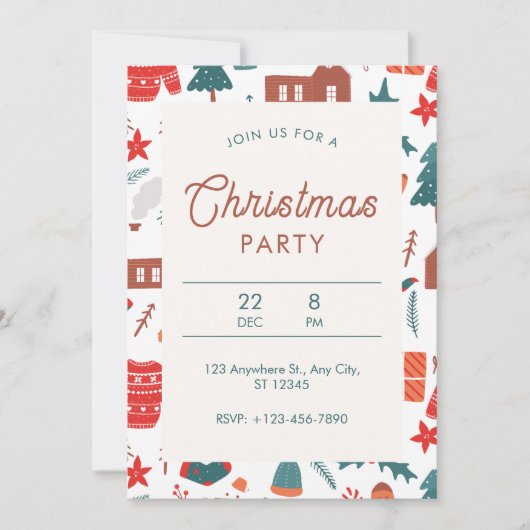 Invitation Fête de Noël Illustrative Rouge Et Vert (Devant)