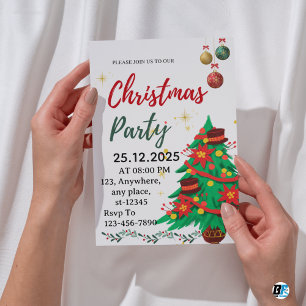 Invitation Fête de Noël Illustrative Verte Beige Mignonne