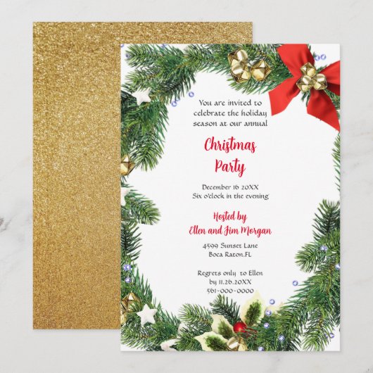 Invitation Fête de Noël joyeuse avec verdure des Fêtes  (Devant / Derrière)