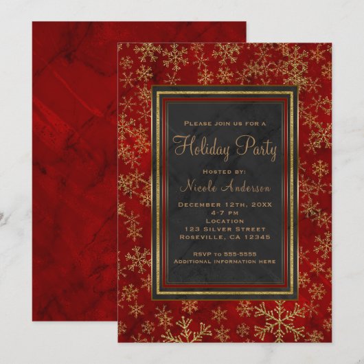 Invitation Fête de Noël Marbre Rouge Flocons de Neige Dorés É (Devant / Derrière)
