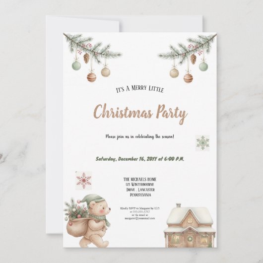 INVITATION FÊTE DE NOËL MARRON ET VERT A L'AQUARELLE (Devant)