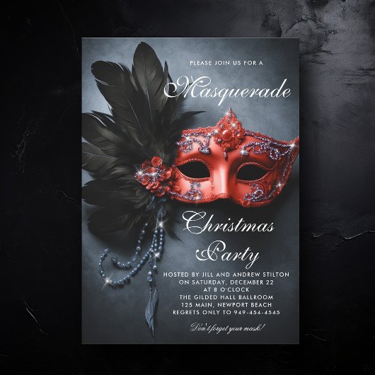Invitation Fête de Noël Masquerade Marine Argent Rouge Moody
