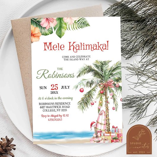 Invitation Fête de Noël Mele Kalimaka Hawaii Palm Tree