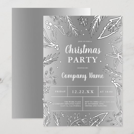 Invitation Fête de Noël métallique en argent d'entreprise (Devant / Derrière)