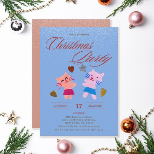 Invitation Fête de Noël Mignons Chatons Bleus