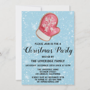 Invitation Fête de Noël Mitten Rouge Blanc Neige Bleue