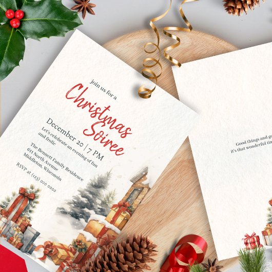 Invitation Fête de Noël Moderne Aquarelle Hiver Rouge Vert