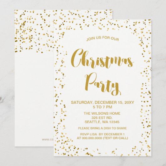 Invitation Fête de Noël moderne avec confettis blancs et or (Devant / Derrière)