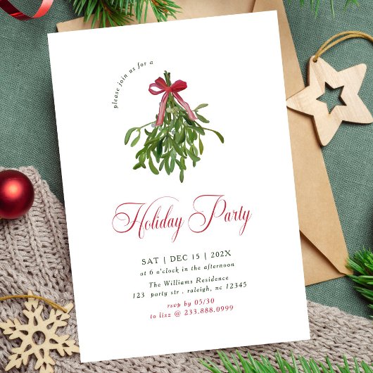 Invitation Fête de Noël Moderne avec Ruban Rouge et Gui