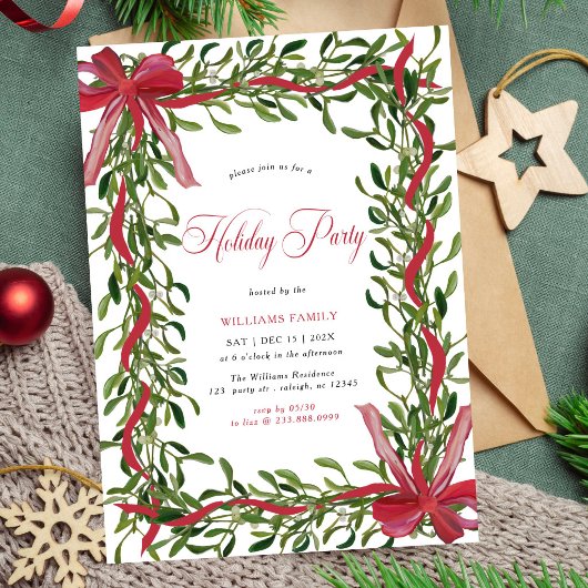 Invitation Fête de Noël Moderne avec Ruban Rouge et Gui
