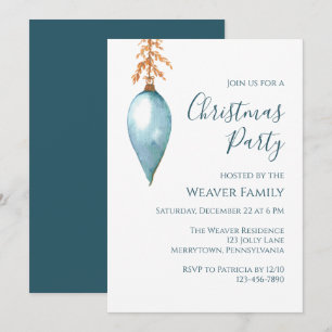 Invitation Fête de Noël moderne Bauble en aquarelle bleue