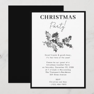 Invitation Fête de Noël moderne Black White Holly Berries