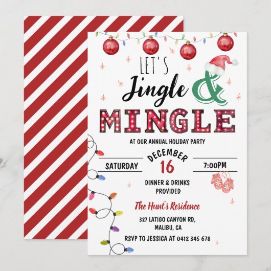 Invitation Fête de Noël Moderne et Joyeuse Jingle & Mingle (Devant / Derrière)