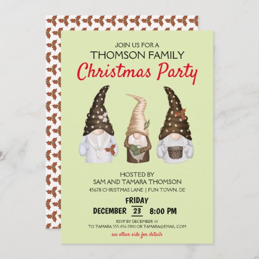 Invitation Fête de Noël moderne Gnomes Vert Festive (Devant / Derrière)