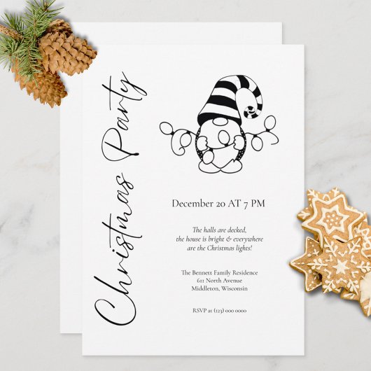 Invitation Fête de Noël Moderne Minimaliste avec Gnome Mignon
