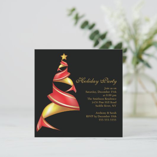 Invitation Fête de Noël moderne Red & Gold Tree (Debout devant)
