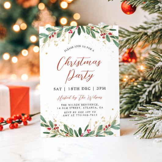Invitation Fête de Noël Moderne Vert et Or