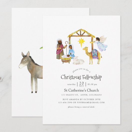 Invitation Fête de Noël Nativité à l'aquarelle (Devant / Derrière)