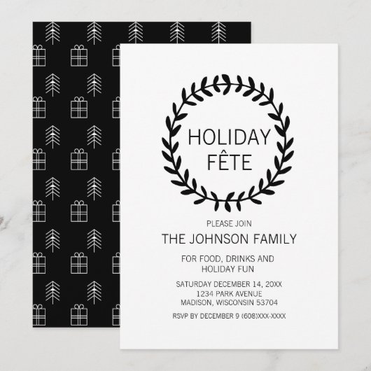Invitation Fête de Noël noir et blanc Wreath (Devant / Derrière)