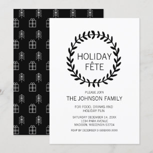 Invitation Fête de Noël noir et blanc Wreath
