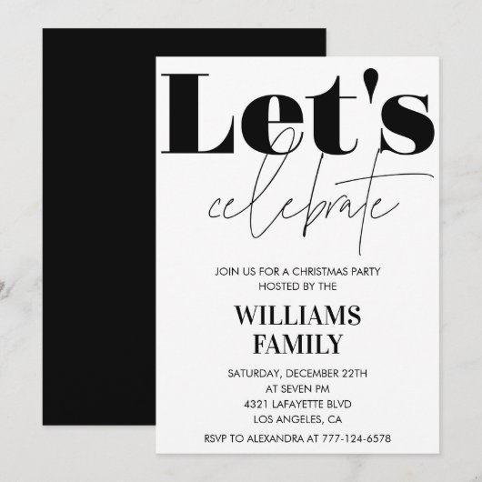 Invitation Fête de Noël noire Célébrons (Devant / Derrière)