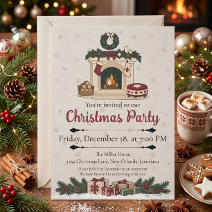 Invitation Fête de Noël nordique cosy autour d'une cheminée