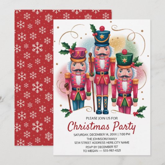 Invitation Fête de Noël Nutcracker Paillettes Or (Devant / Derrière)