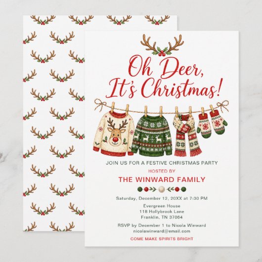 Invitation Fête de Noël Oh Cerf Pull Moche (Devant / Derrière)