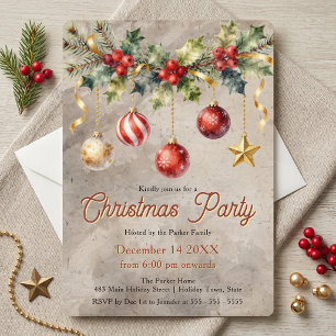 Invitation Fête de Noël Ornement Aquarelle Vintage