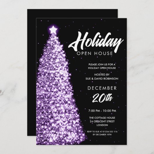 Invitation Fête de Noël ouverte violette  (Devant / Derrière)