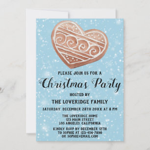 Invitation Fête de Noël Party Cœur Biscuit Bleu Neige