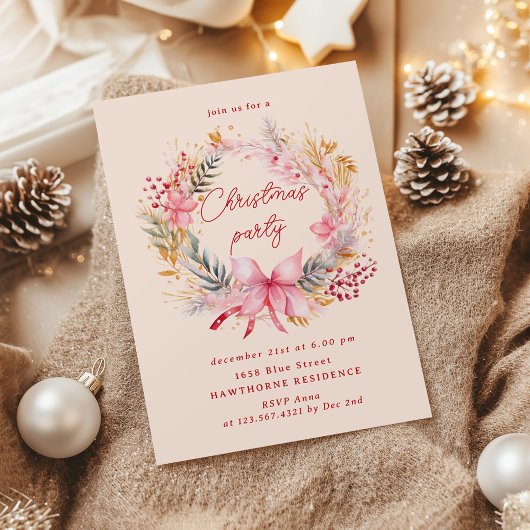 Invitation Fête de Noël Pastel Blush Wreath