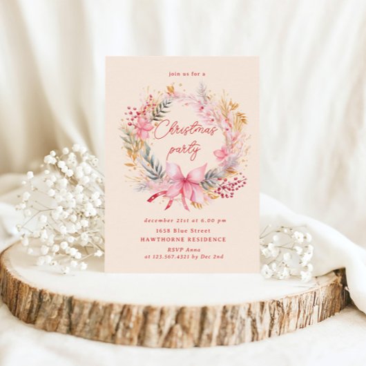 Invitation Fête de Noël Pastel Blush Wreath