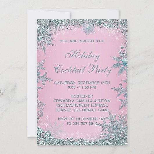 Invitation Fête de Noël Pink Blue Snowflacon Turquoise (Devant)