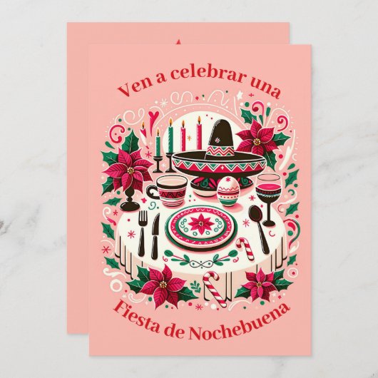 Invitation Fête de Noël Poinsettia espagnol (Devant / Derrière)