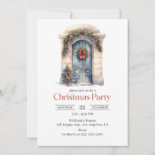 Invitation Fête de Noël Porte Bleue Aquarelle Élégante (Devant)