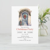 Invitation Fête de Noël Porte Bleue Aquarelle Élégante (Debout devant)