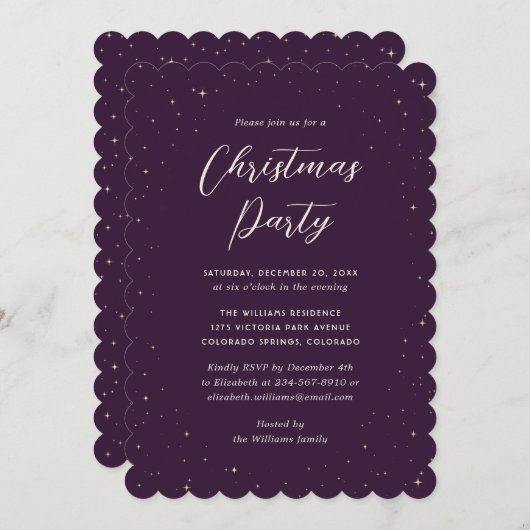Invitation Fête de Noël pourpre étoile (Devant / Derrière)