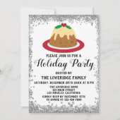 Invitation Fête de Noël Pudding Rouge Paillettes Argentées (Devant)