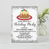 Invitation Fête de Noël Pudding Rouge Paillettes Argentées (Debout devant)