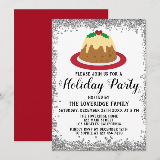 Invitation Fête de Noël Pudding Rouge Paillettes Argentées (Devant / Derrière)