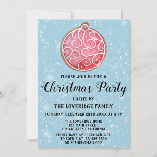 Invitation Fête de Noël Red Ball Cookie Blue Snow (Devant)